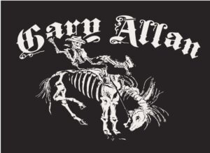 Band logo on a black background with a skeleton rider on a rearing horse and Gothic-style lettering above the image.